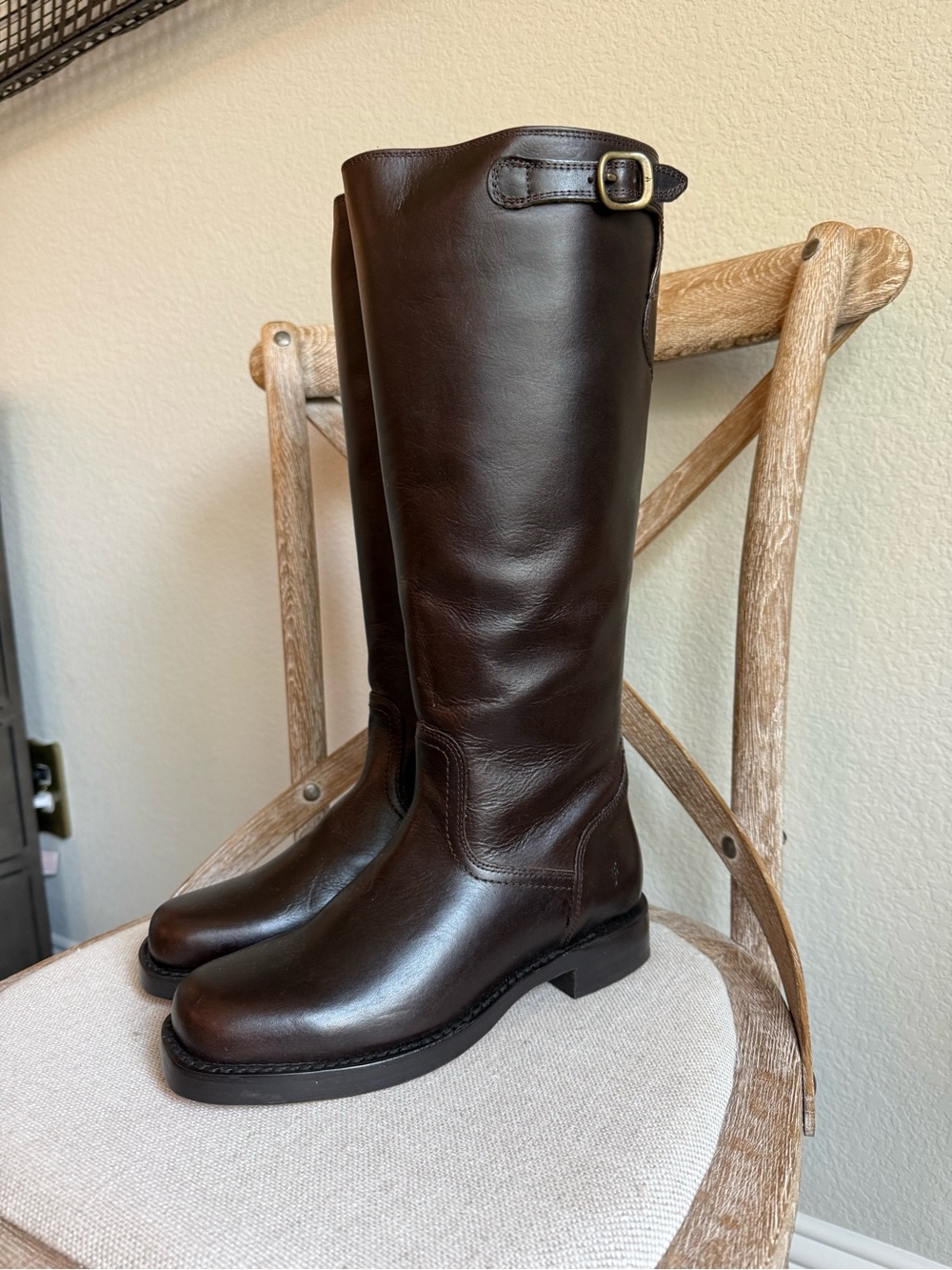 Frye campus low heel tall riding boots bourbon